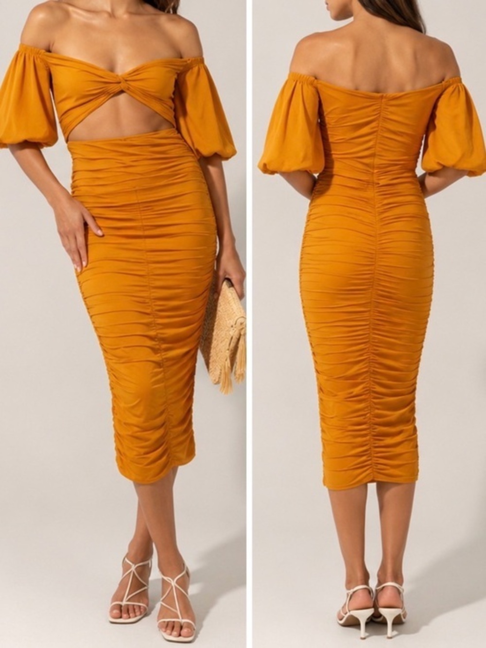 Elle Zeitoune Naira Ruched Off Shoulder Cut Out Marigold Resortwear Midi Dress